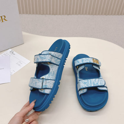 DIOR CLASSIC DOUBLE-STRAP SLIDES 25S IN OCEAN BLUE FABRIC AND CALFSKIN