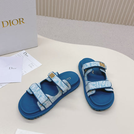 DIOR CLASSIC DOUBLE-STRAP SLIDES 25S IN OCEAN BLUE FABRIC AND CALFSKIN
