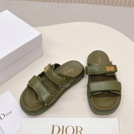 DIOR CLASSIC DOUBLE-STRAP SLIDES 25S IN MOSS GREEN CALFSKIN