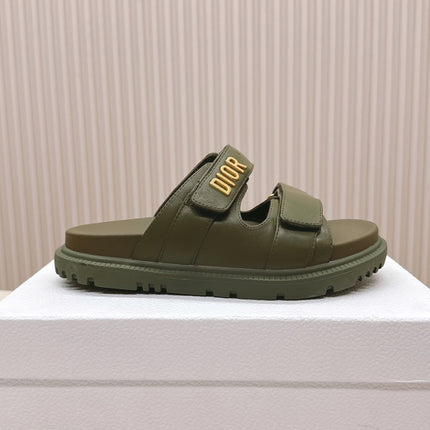 DIOR CLASSIC DOUBLE-STRAP SLIDES 25S IN MOSS GREEN CALFSKIN