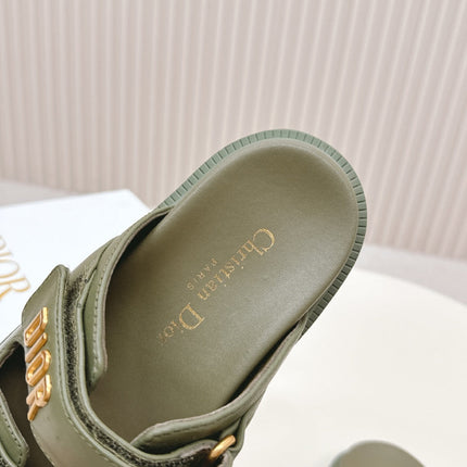 DIOR CLASSIC DOUBLE-STRAP SLIDES 25S IN MOSS GREEN CALFSKIN