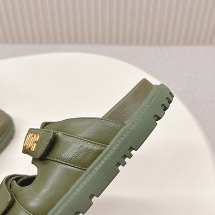 DIOR CLASSIC DOUBLE-STRAP SLIDES 25S IN MOSS GREEN CALFSKIN