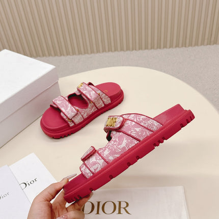 DIOR CLASSIC DOUBLE-STRAP SLIDES 25S IN DARK PINK FABRIC AND CALFSKIN