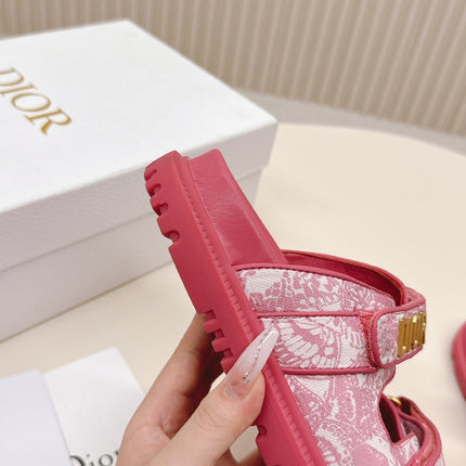 DIOR CLASSIC DOUBLE-STRAP SLIDES 25S IN DARK PINK FABRIC AND CALFSKIN