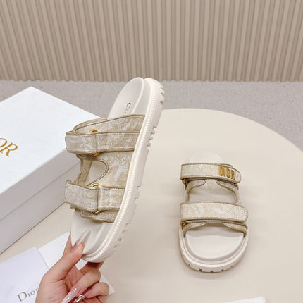 DIOR CLASSIC DOUBLE-STRAP SLIDES 25S IN WHITE MIX BEIGE FABRIC AND CALFSKIN
