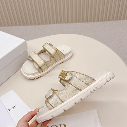 DIOR CLASSIC DOUBLE-STRAP SLIDES 25S IN WHITE MIX BEIGE FABRIC AND CALFSKIN