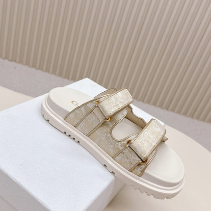 DIOR CLASSIC DOUBLE-STRAP SLIDES 25S IN WHITE MIX BEIGE FABRIC AND CALFSKIN