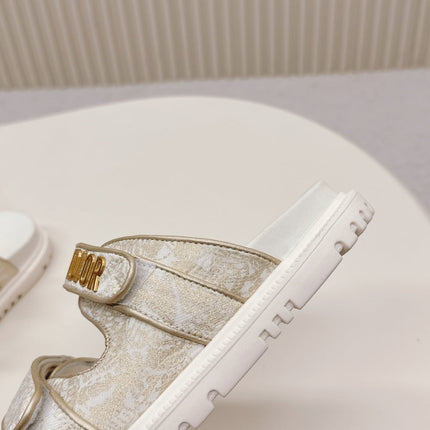 DIOR CLASSIC DOUBLE-STRAP SLIDES 25S IN WHITE MIX BEIGE FABRIC AND CALFSKIN