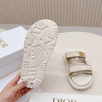 DIOR CLASSIC DOUBLE-STRAP SLIDES 25S IN WHITE MIX BEIGE FABRIC AND CALFSKIN