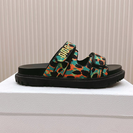 DIOR CLASSIC DOUBLE-STRAP SLIDES 25S IN MULTICOLOR FABRIC AND CALFSKIN