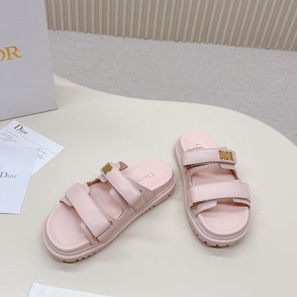 DIOR CLASSIC DOUBLE-STRAP SLIDES 25S IN PASTEL PINK CALFSKIN WITH GOLD HARDWARE