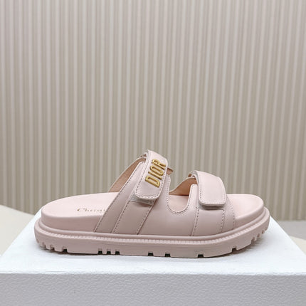 DIOR CLASSIC DOUBLE-STRAP SLIDES 25S IN PASTEL PINK CALFSKIN WITH GOLD HARDWARE
