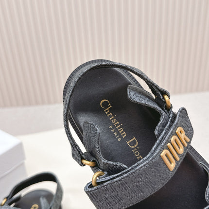 DIOR BACK-STRAP SANDALS 25S IN SLATE BLUE GRAY FABRIC AND BLACK CALFSKIN WITH GOLD HARDWARE