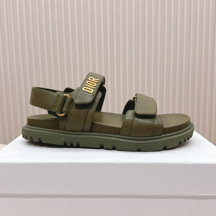 DIOR BACK-STRAP SANDALS 25S IN MOSS GREEN CALFSKIN WITH GOLD HARDWARE