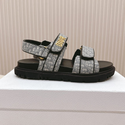 DIOR BACK-STRAP SANDALS 25S IN GREY FABRIC AND BLACK CALFSKIN WITH GOLD HARDWARE