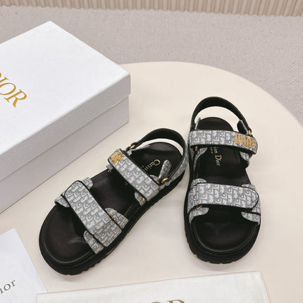 DIOR BACK-STRAP SANDALS 25S IN GREY FABRIC AND BLACK CALFSKIN WITH GOLD HARDWARE
