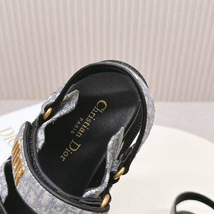 DIOR BACK-STRAP SANDALS 25S IN GREY FABRIC AND BLACK CALFSKIN WITH GOLD HARDWARE
