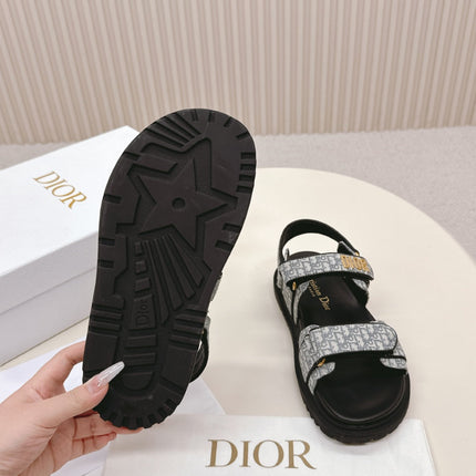 DIOR BACK-STRAP SANDALS 25S IN GREY FABRIC AND BLACK CALFSKIN WITH GOLD HARDWARE