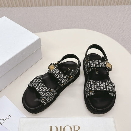 DIOR BACK-STRAP SANDALS 25S IN BLACK FABRIC AND CALFSKIN WITH GOLD HARDWARE