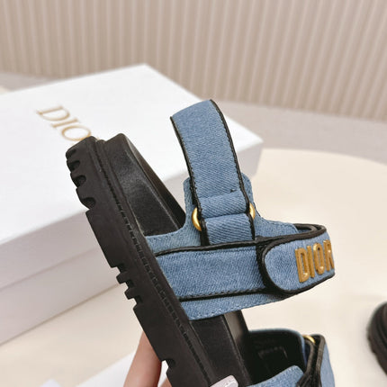 DIOR BACK-STRAP SANDALS 25S IN BLUE DENIM AND BLACK CALFSKIN WITH GOLD HARDWARE