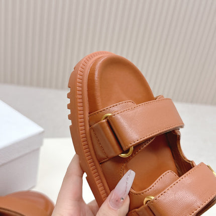DIOR CLASSIC DOUBLE-STRAP SLIDES 25S IN BROWN CALFSKIN