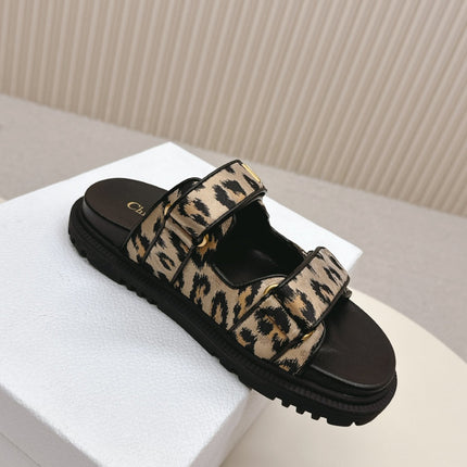 DIOR CLASSIC DOUBLE-STRAP SLIDES 25S IN BROWN MIX BLACK FABRIC AND CALFSKIN WITH LEOPARD PRINT