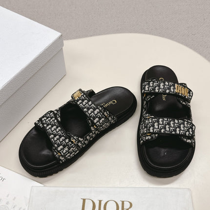 DIOR CLASSIC DOUBLE-STRAP SLIDES 25S IN BLACK FABRIC AND CALFSKIN