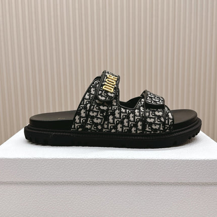 DIOR CLASSIC DOUBLE-STRAP SLIDES 25S IN BLACK FABRIC AND CALFSKIN