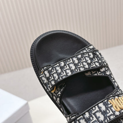 DIOR CLASSIC DOUBLE-STRAP SLIDES 25S IN BLACK FABRIC AND CALFSKIN