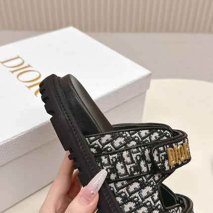 DIOR CLASSIC DOUBLE-STRAP SLIDES 25S IN BLACK FABRIC AND CALFSKIN