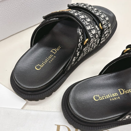 DIOR CLASSIC DOUBLE-STRAP SLIDES 25S IN BLACK FABRIC AND CALFSKIN