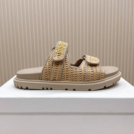 DIOR CLASSIC DOUBLE-STRAP SLIDES 25S IN BEIGE RAFFIA AND TAUPE BEIGE CALFSKIN