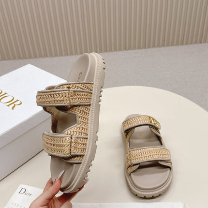 DIOR CLASSIC DOUBLE-STRAP SLIDES 25S IN BEIGE RAFFIA AND TAUPE BEIGE CALFSKIN