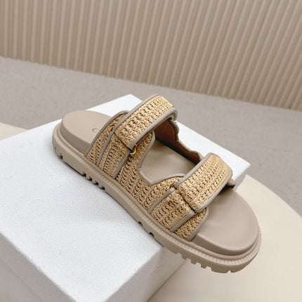 DIOR CLASSIC DOUBLE-STRAP SLIDES 25S IN BEIGE RAFFIA AND TAUPE BEIGE CALFSKIN