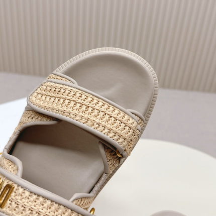DIOR CLASSIC DOUBLE-STRAP SLIDES 25S IN BEIGE RAFFIA AND TAUPE BEIGE CALFSKIN