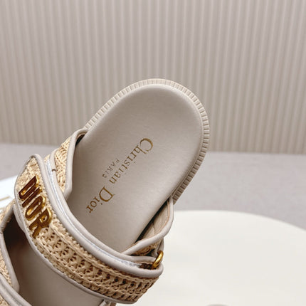 DIOR CLASSIC DOUBLE-STRAP SLIDES 25S IN BEIGE RAFFIA AND TAUPE BEIGE CALFSKIN