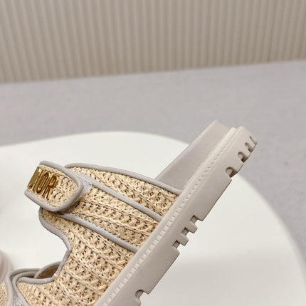 DIOR CLASSIC DOUBLE-STRAP SLIDES 25S IN BEIGE RAFFIA AND TAUPE BEIGE CALFSKIN