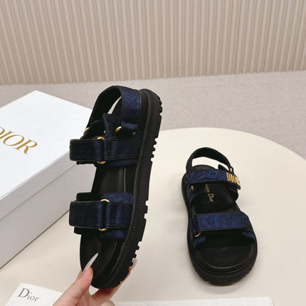 DIOR BACK-STRAP SANDALS 25S IN MIDNIGHT BLUE FABRIC AND BLACK CALFSKIN WITH GOLD HARDWARE