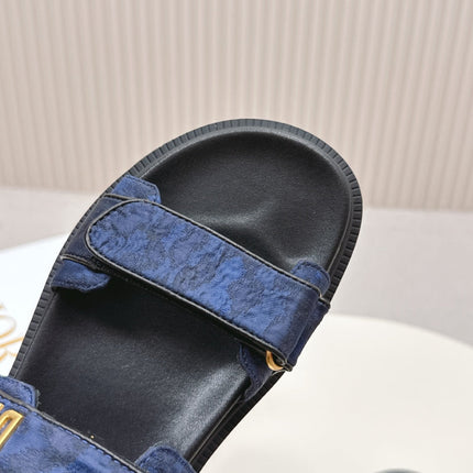 DIOR BACK-STRAP SANDALS 25S IN MIDNIGHT BLUE FABRIC AND BLACK CALFSKIN WITH GOLD HARDWARE