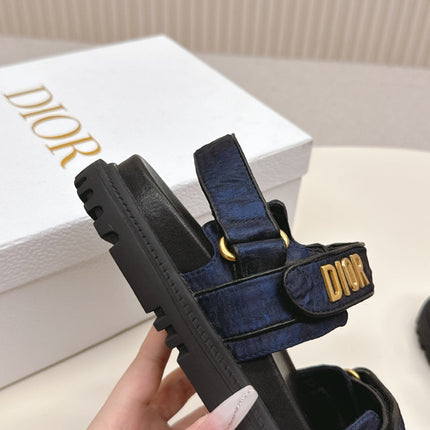 DIOR BACK-STRAP SANDALS 25S IN MIDNIGHT BLUE FABRIC AND BLACK CALFSKIN WITH GOLD HARDWARE
