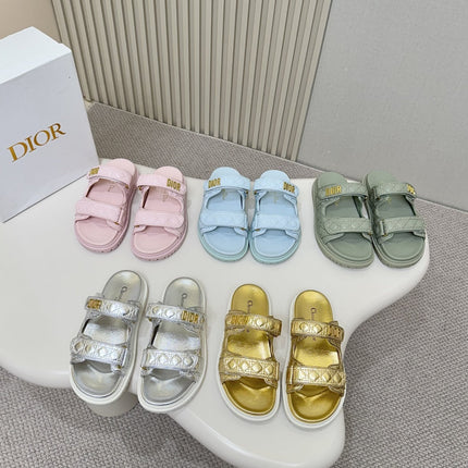 DIOR CLASSIC DOUBLE-STRAP SLIDES 25S IN GOLD CALFSKIN