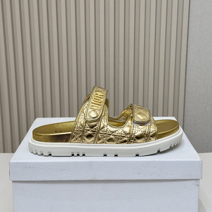 DIOR CLASSIC DOUBLE-STRAP SLIDES 25S IN GOLD CALFSKIN