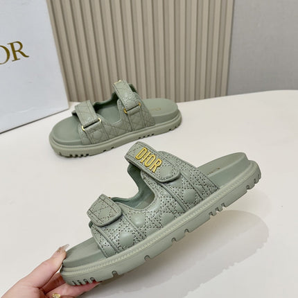 DIOR CLASSIC DOUBLE-STRAP SLIDES 25S IN PALE TEAL GRAY CALFSKIN
