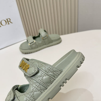 DIOR CLASSIC DOUBLE-STRAP SLIDES 25S IN PALE TEAL GRAY CALFSKIN