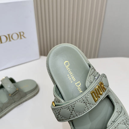 DIOR CLASSIC DOUBLE-STRAP SLIDES 25S IN PALE TEAL GRAY CALFSKIN