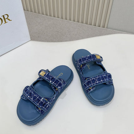 DIOR CLASSIC DOUBLE-STRAP SLIDES 25S IN NAVY BLUE TWEED AND CALFSKIN