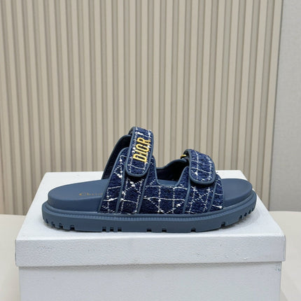 DIOR CLASSIC DOUBLE-STRAP SLIDES 25S IN NAVY BLUE TWEED AND CALFSKIN