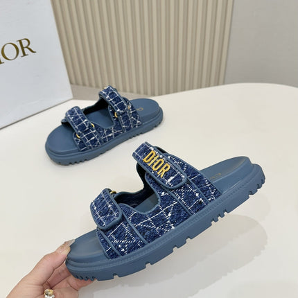 DIOR CLASSIC DOUBLE-STRAP SLIDES 25S IN NAVY BLUE TWEED AND CALFSKIN