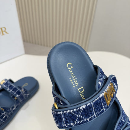 DIOR CLASSIC DOUBLE-STRAP SLIDES 25S IN NAVY BLUE TWEED AND CALFSKIN