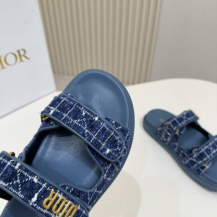DIOR CLASSIC DOUBLE-STRAP SLIDES 25S IN NAVY BLUE TWEED AND CALFSKIN